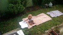 Rosebud working on her Spanish homework in our backyard